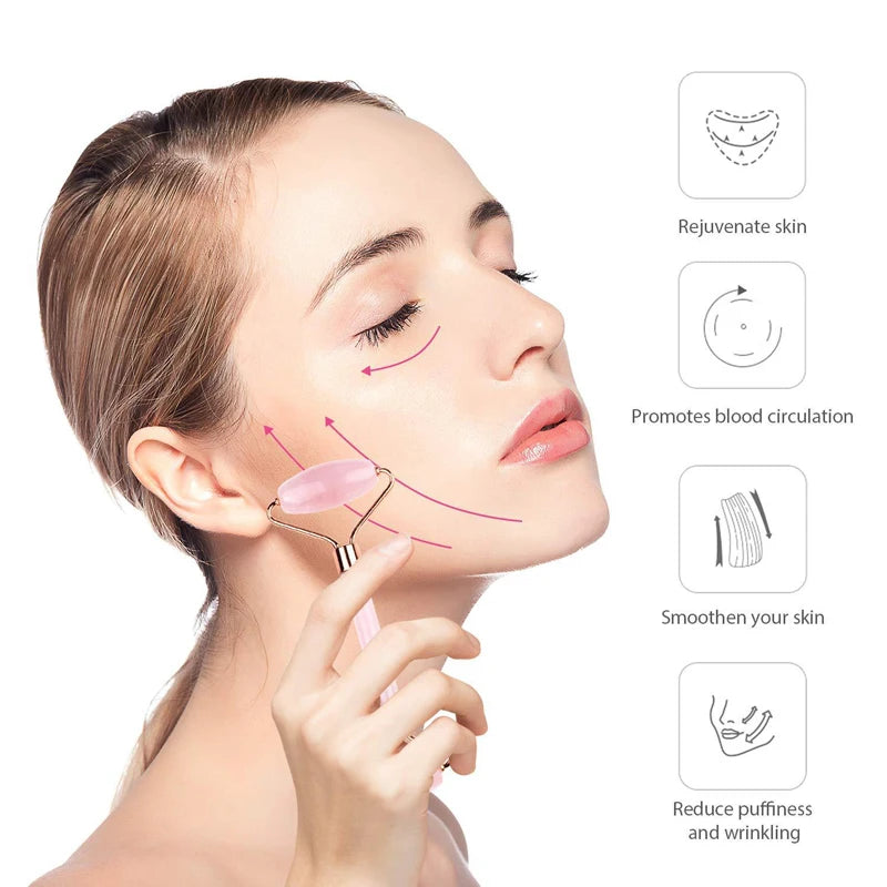 Natural Rose Quartz Jade Roller Gua Sha Scraper Set Facial Massager Roller Jade Stone Guasha Face Lift Skin Care Massage Tools