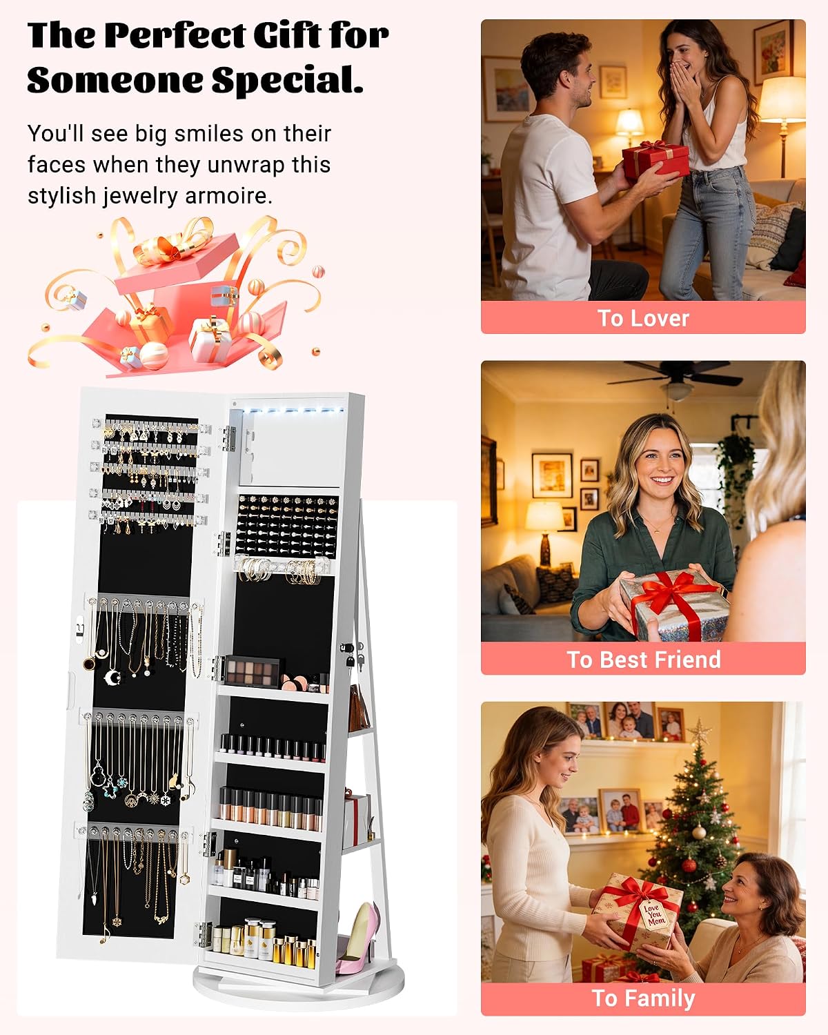 6-LED Jewelry Armoire with Full-Length Mirror, 360° Swivel Storage Cabinet, White