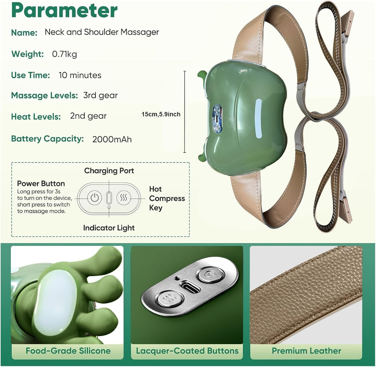 Bionic Heated Massager, Wireless Portable Shiatsu Neck and Back Massager, Electric Deep Tissue 4D Kneading Massage, Simulated Human Hand Design for Pain Relief and Muscle Relax (Green)