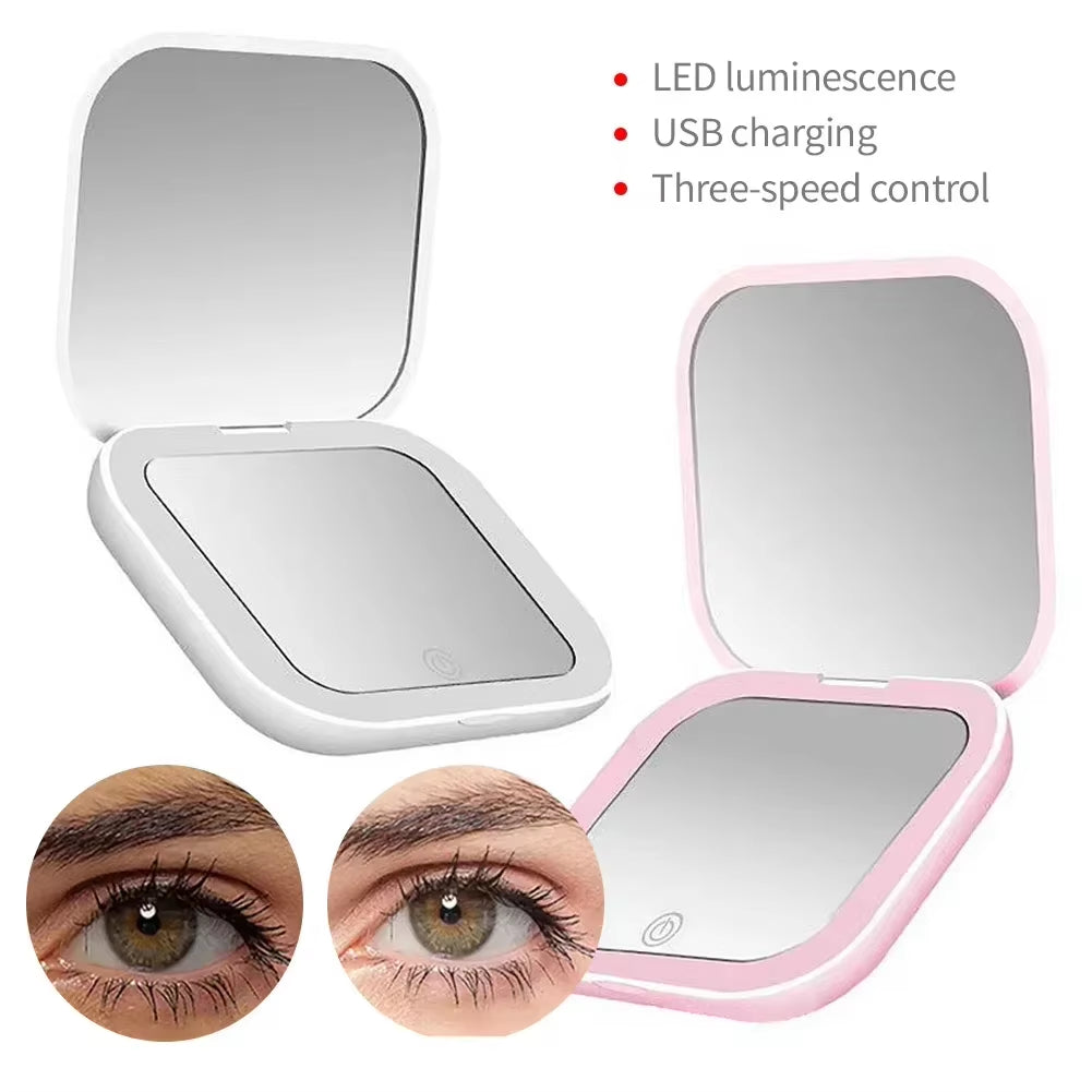 USB Portable Hand Held Pocket Makeup Mirror LED Vanity Mirror with Touch Screen Dimming Makeup Mirror