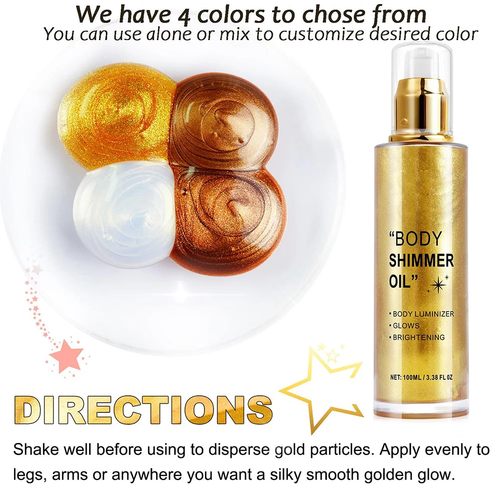 Body Glitter 100Ml Body Shimmer Oil Moisturizing Long Lasting Body Luminizer for Face Brighten Shimmer Glow Highlighter Makeup