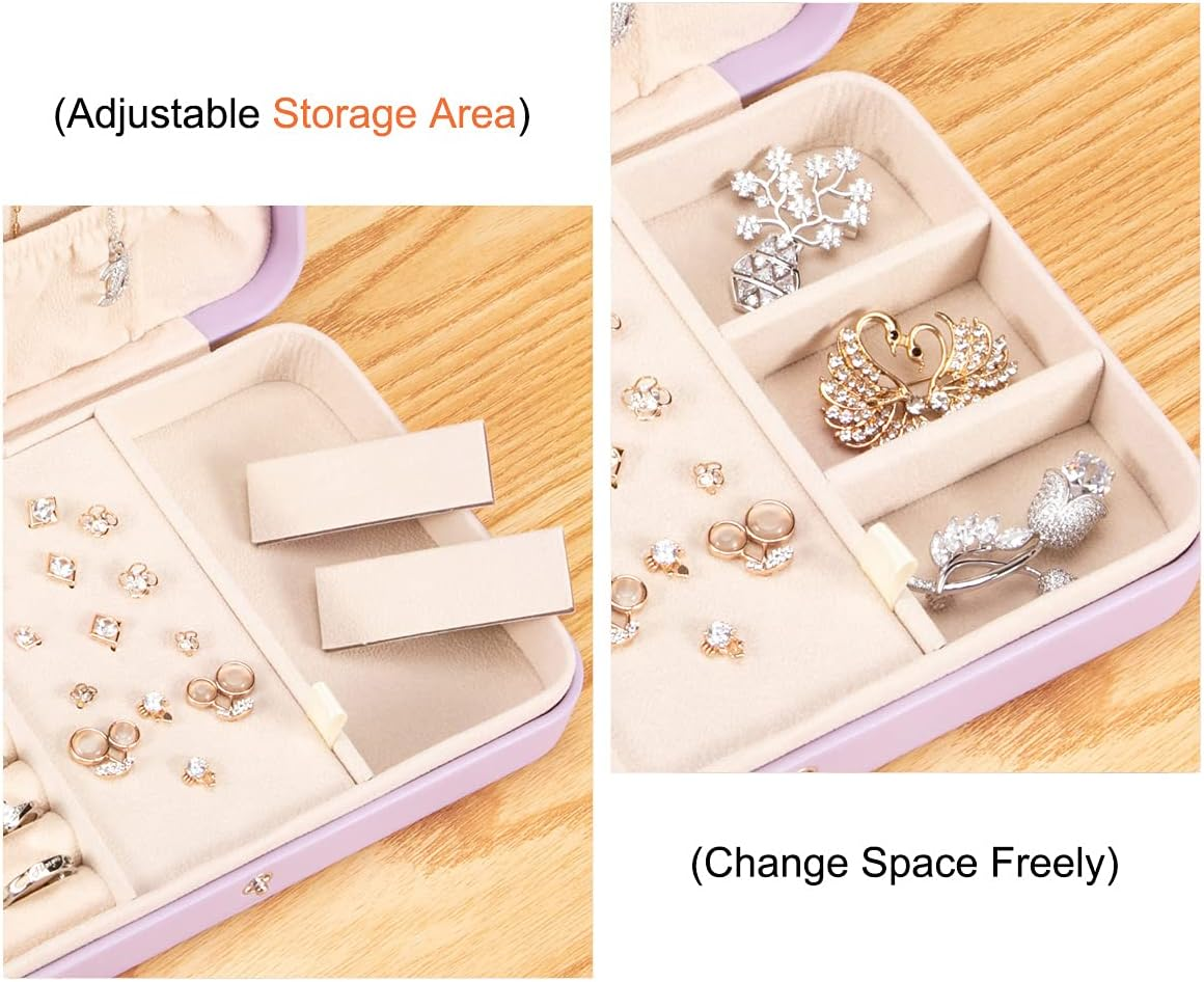 Small Jewelry Travel Case with Ring Holder, Earring Storage, Necklace Hooks & Removable Dividers, Lavender