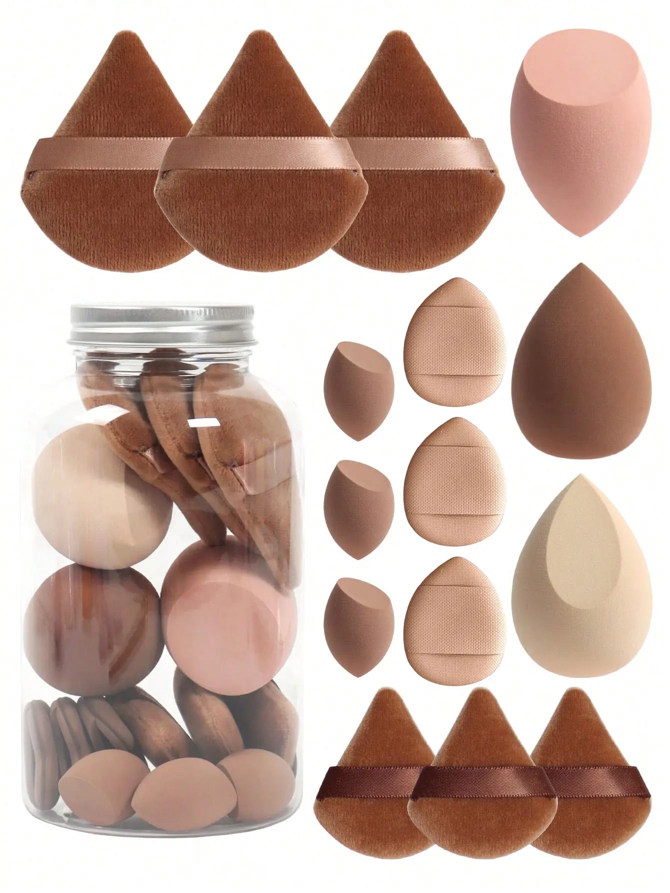 15Pcs Makeup Sponge Set with Storage Jar, Beauty Blender Powder Puff Mini Powder Puff Mini Finger Air Cushion Triangle Puff