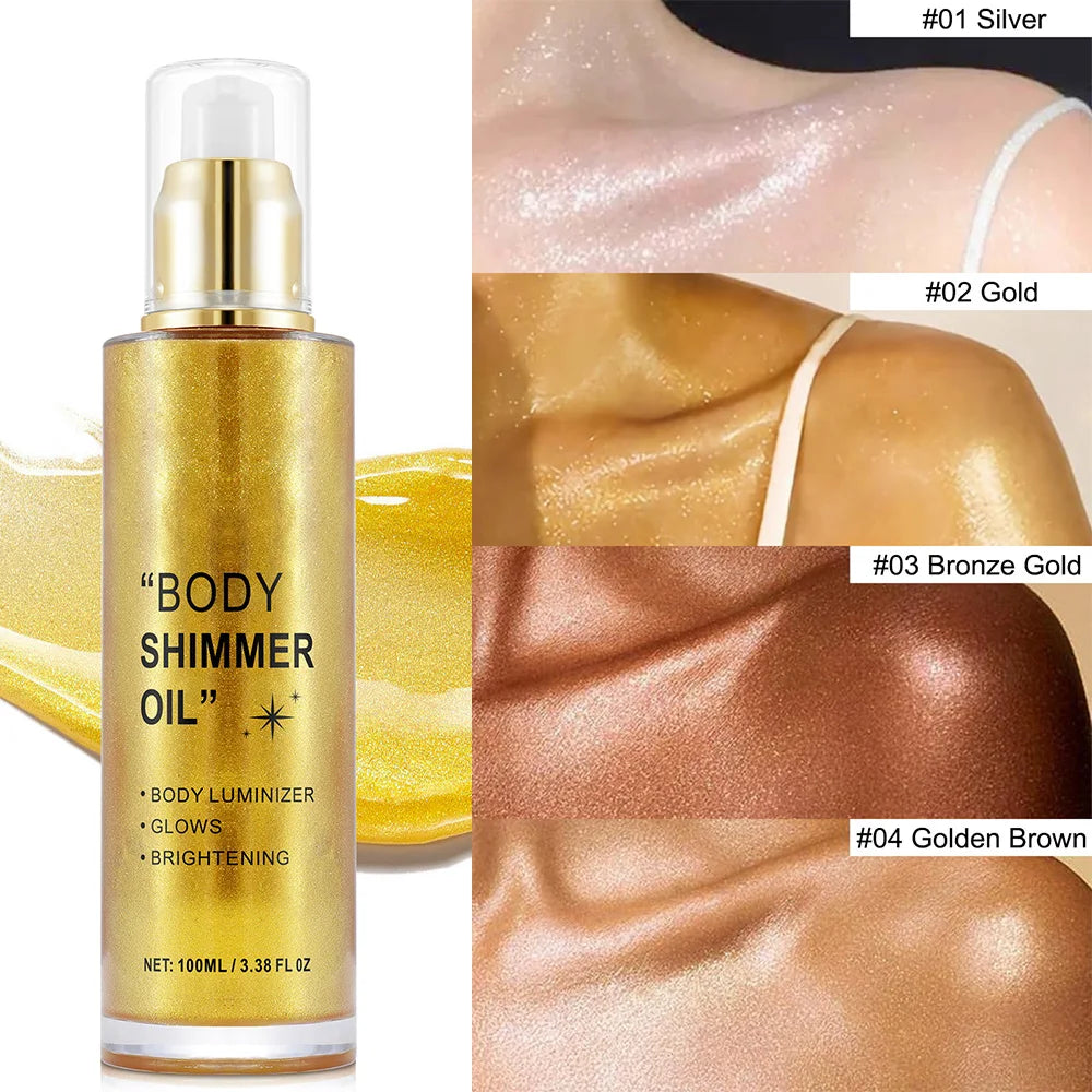 Body Glitter 100Ml Body Shimmer Oil Moisturizing Long Lasting Body Luminizer for Face Brighten Shimmer Glow Highlighter Makeup