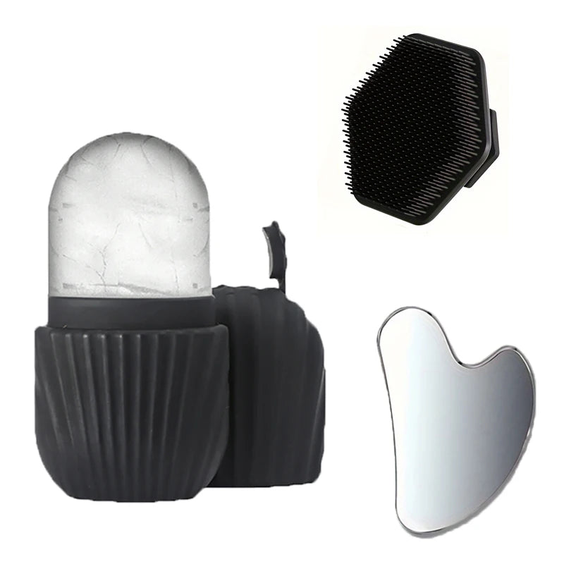 1/3-Piece Facial Cleansing Tool Set, Stainless Steel Heart-Shaped Scraping Tool, Ice Roller, Silicone Facial Brush