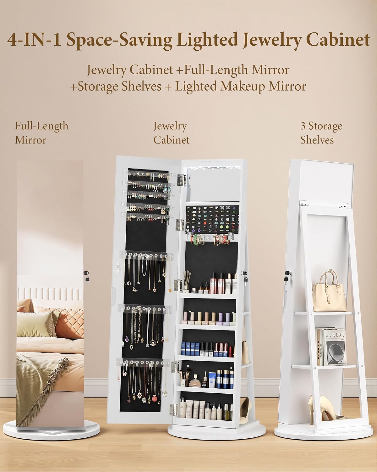 6-LED Jewelry Armoire with Full-Length Mirror, 360° Swivel Storage Cabinet, White