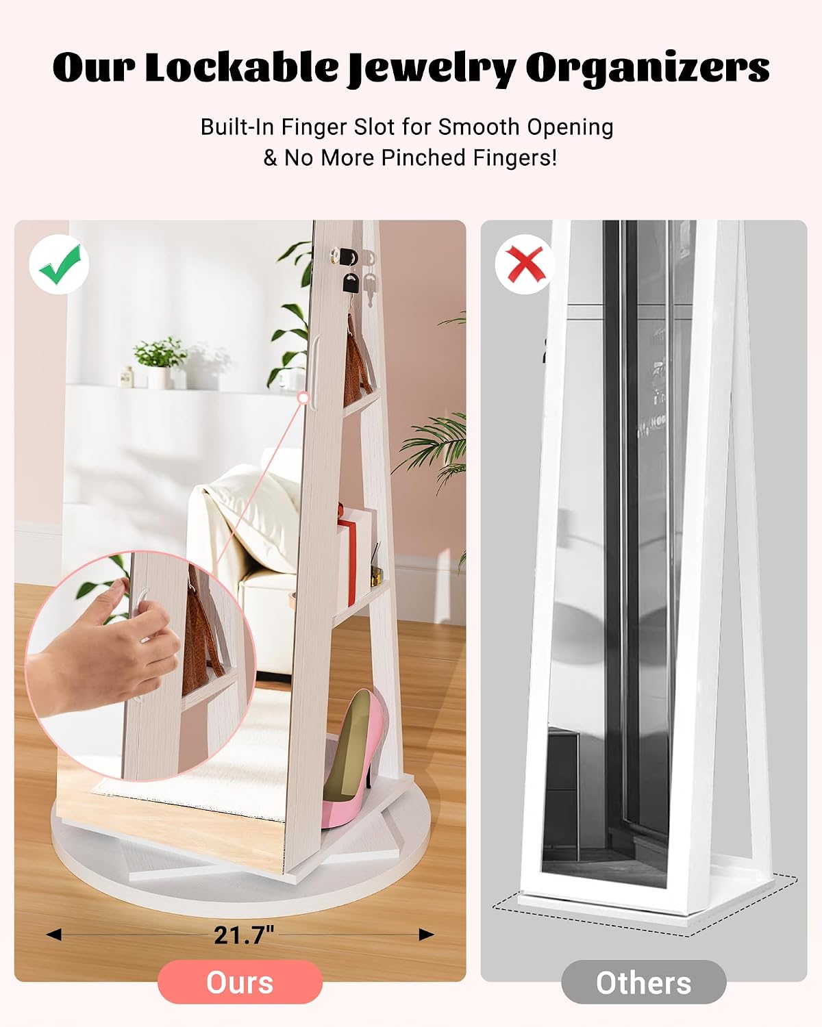 6-LED Jewelry Armoire with Full-Length Mirror, 360° Swivel Storage Cabinet, White