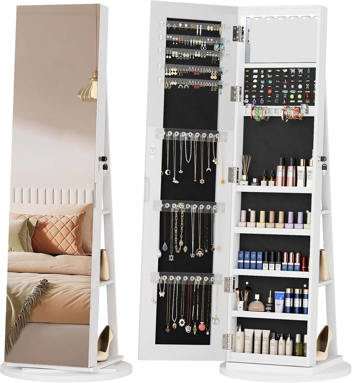 6-LED Jewelry Armoire with Full-Length Mirror, 360° Swivel Storage Cabinet, White