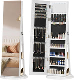 6-LED Jewelry Armoire with Full-Length Mirror, 360° Swivel Storage Cabinet, White