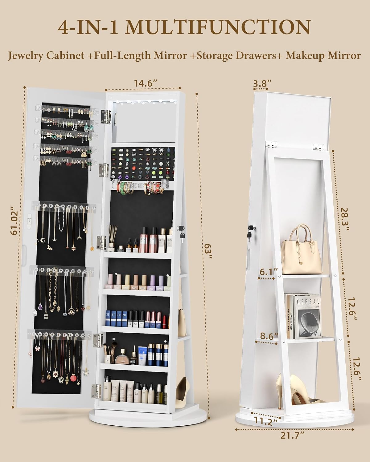 6-LED Jewelry Armoire with Full-Length Mirror, 360° Swivel Storage Cabinet, White