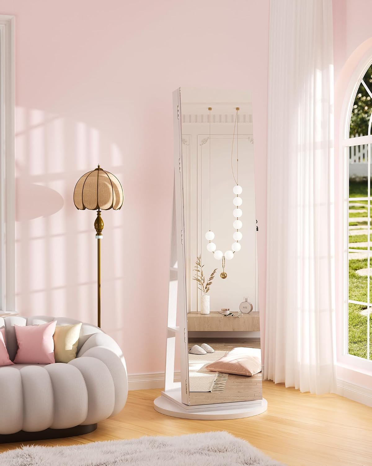 6-LED Jewelry Armoire with Full-Length Mirror, 360° Swivel Storage Cabinet, White