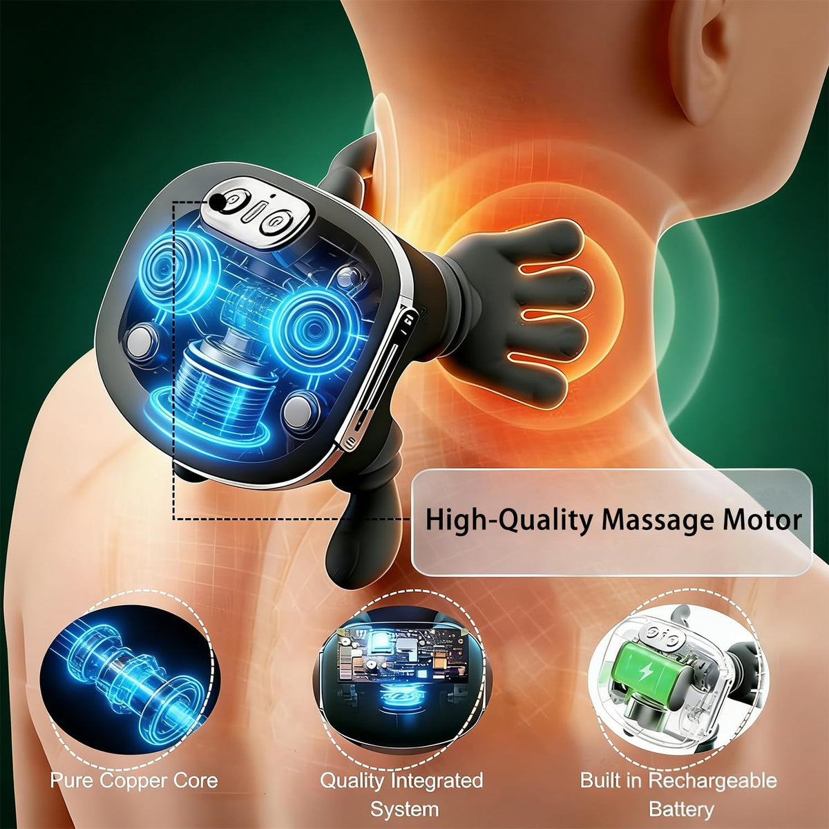 Neck Massager, Bionic Heated Massager, Cordless Portable Shiatsu Neck and Back Massager, 4D Kneading Massage, Simulated Human Hand Design for Pain Relief Deep Tissue and Muscle Relax
