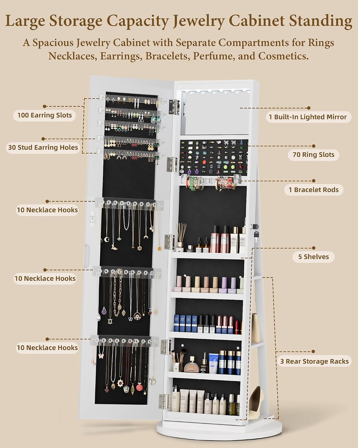 6-LED Jewelry Armoire with Full-Length Mirror, 360° Swivel Storage Cabinet, White