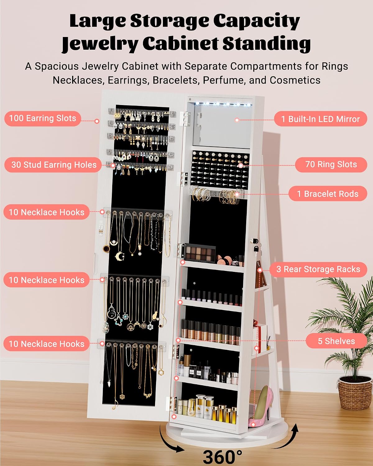 6-LED Jewelry Armoire with Full-Length Mirror, 360° Swivel Storage Cabinet, White