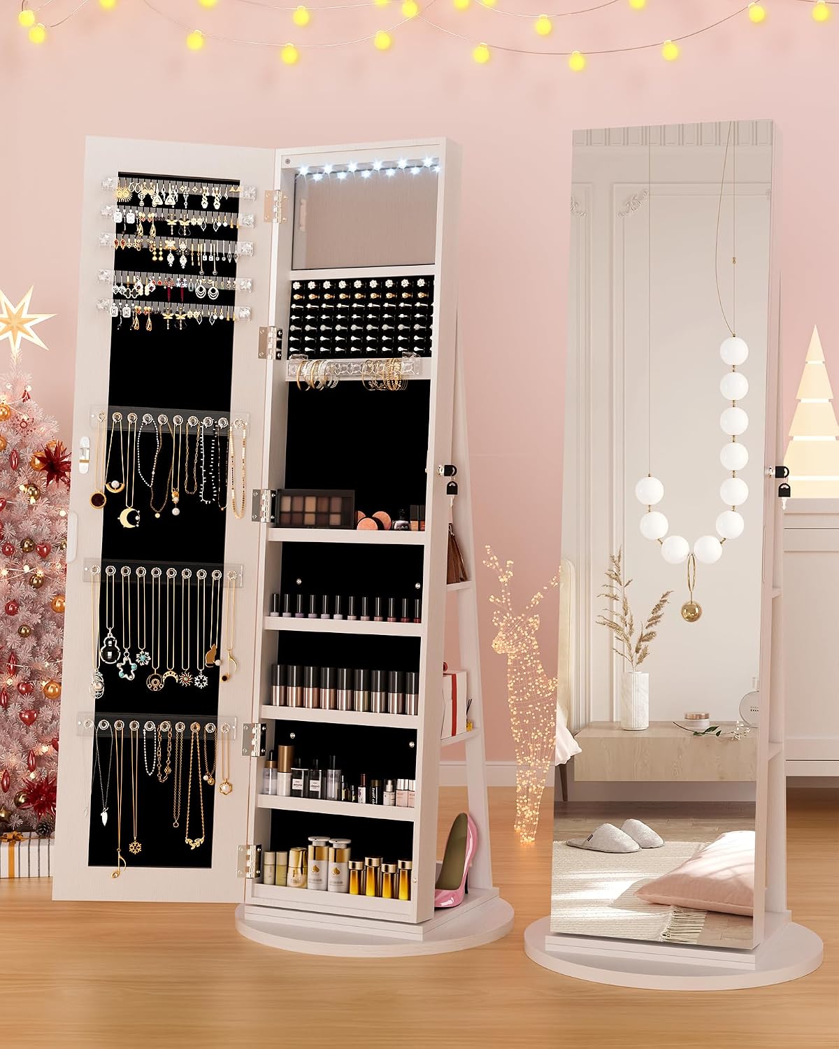 6-LED Jewelry Armoire with Full-Length Mirror, 360° Swivel Storage Cabinet, White