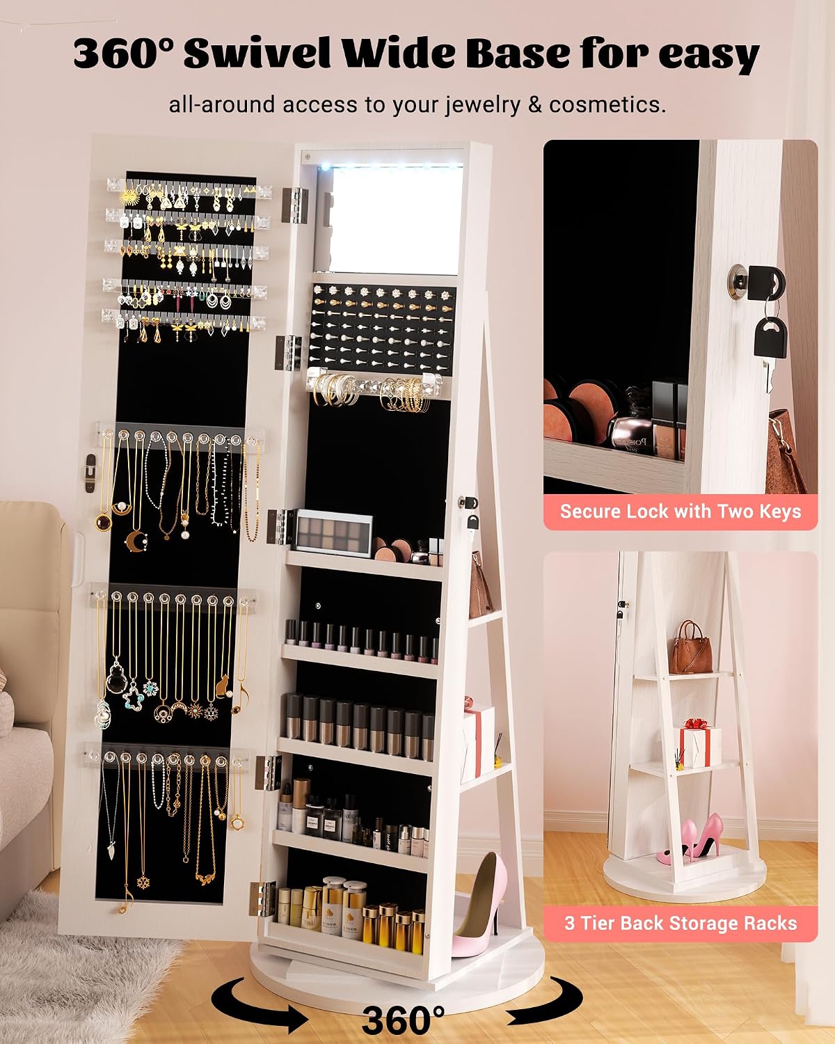 6-LED Jewelry Armoire with Full-Length Mirror, 360° Swivel Storage Cabinet, White