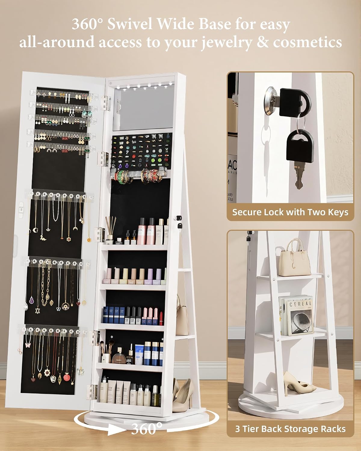 6-LED Jewelry Armoire with Full-Length Mirror, 360° Swivel Storage Cabinet, White