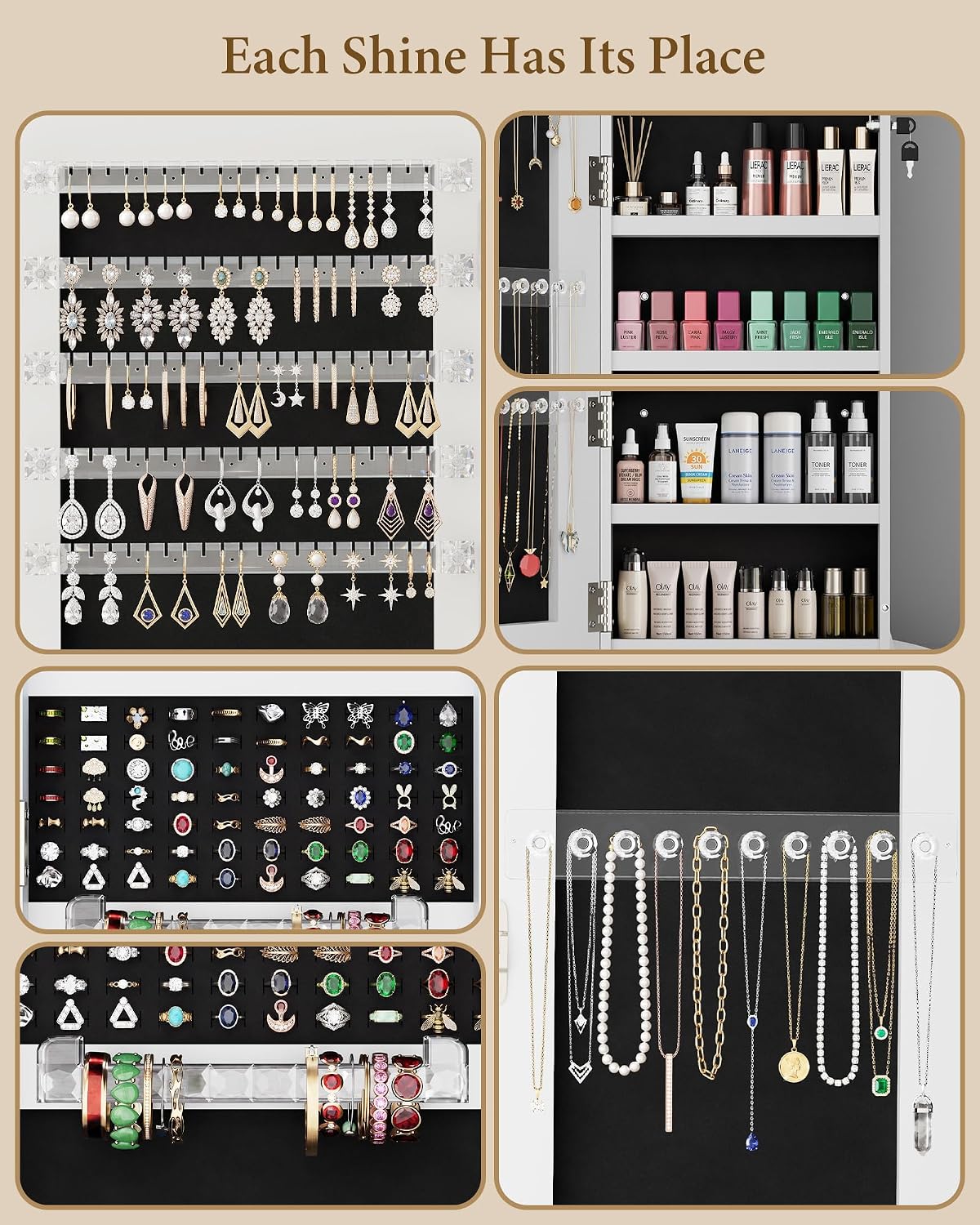 6-LED Jewelry Armoire with Full-Length Mirror, 360° Swivel Storage Cabinet, White