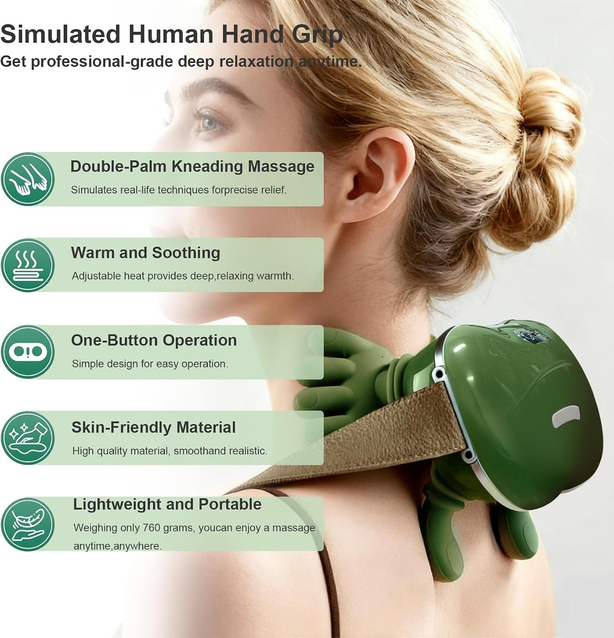 Bionic Heated Massager, Wireless Portable Shiatsu Neck and Back Massager, Electric Deep Tissue 4D Kneading Massage, Simulated Human Hand Design for Pain Relief and Muscle Relax (Green)