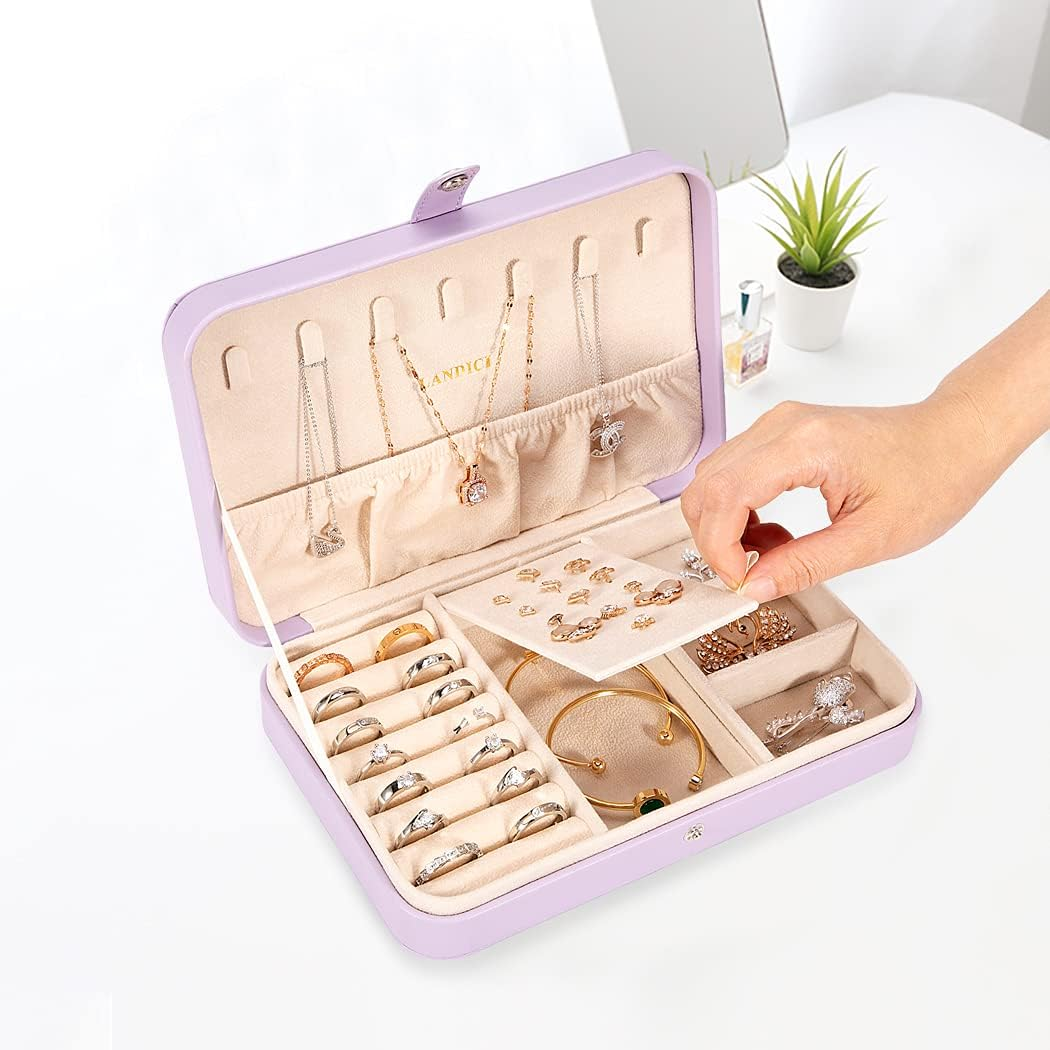 Small Jewelry Travel Case with Ring Holder, Earring Storage, Necklace Hooks & Removable Dividers, Lavender