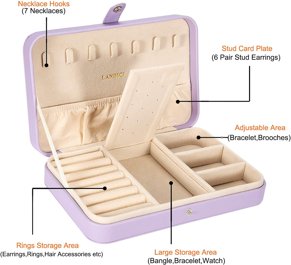 Small Jewelry Travel Case with Ring Holder, Earring Storage, Necklace Hooks & Removable Dividers, Lavender