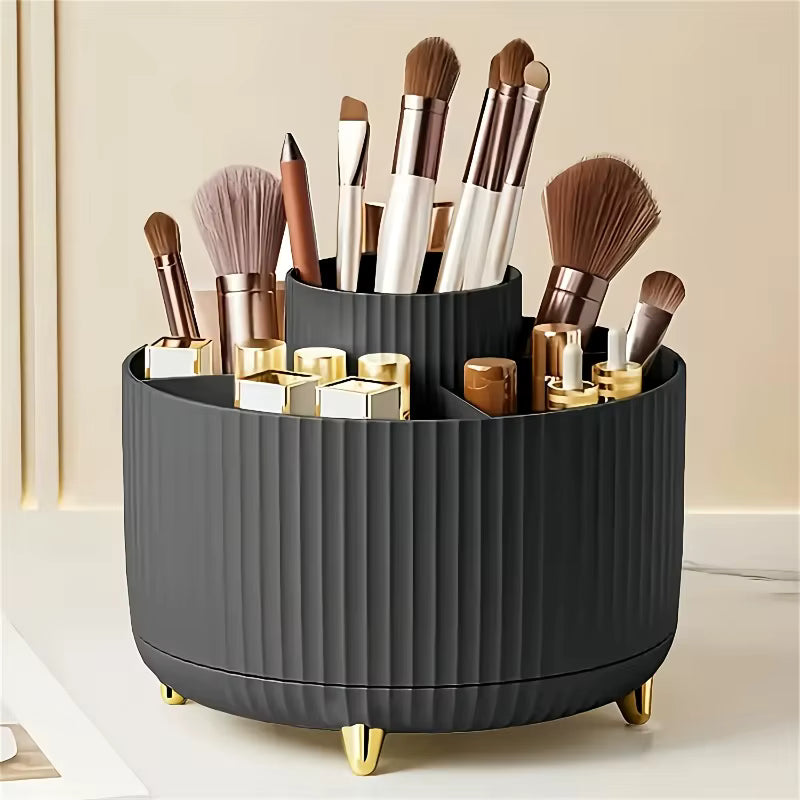 360° Rotating Makeup Organizer – 5 Compartments, Plastic Cosmetic Storage for Brushes, Lipsticks, and Stationery, Light Beige