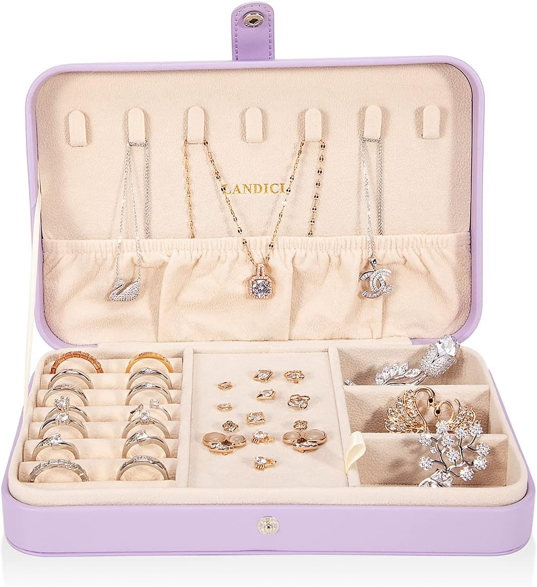 Small Jewelry Travel Case with Ring Holder, Earring Storage, Necklace Hooks & Removable Dividers, Lavender
