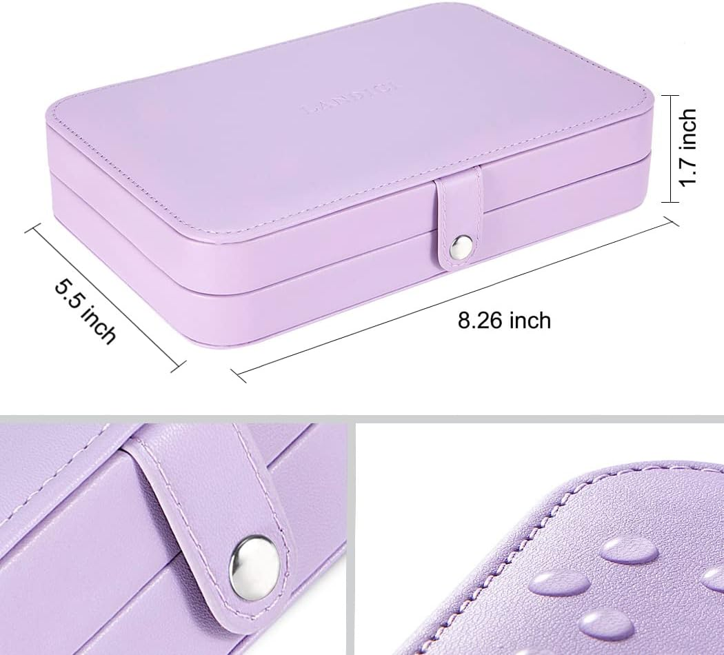 Small Jewelry Travel Case with Ring Holder, Earring Storage, Necklace Hooks & Removable Dividers, Lavender