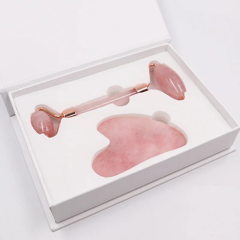 Natural Rose Quartz Jade Roller Gua Sha Scraper Set Facial Massager Roller Jade Stone Guasha Face Lift Skin Care Massage Tools