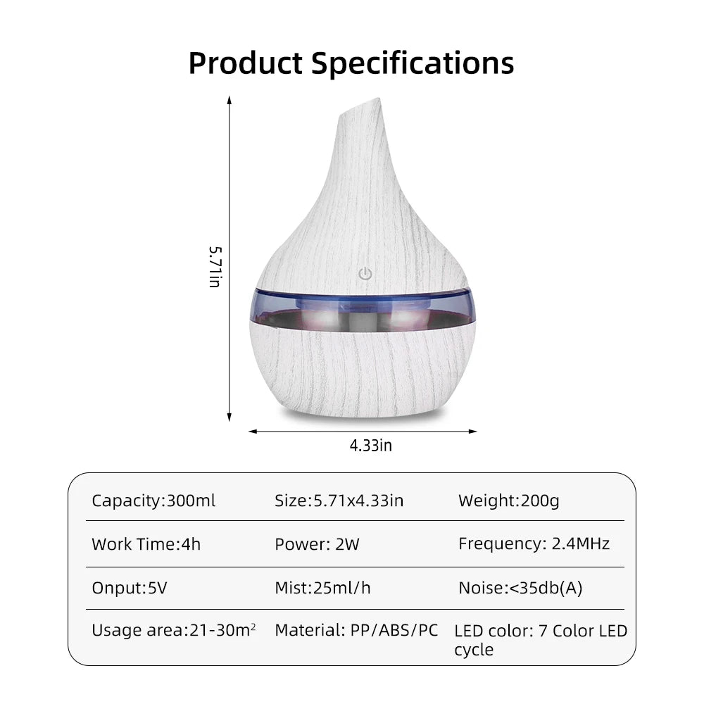 300Ml ​​USB Essential Oil Diffusers ​​Ultrasonic Air Humidifier with 7-Color LED Lights Cool Mist Maker​​ for Home Bedroom