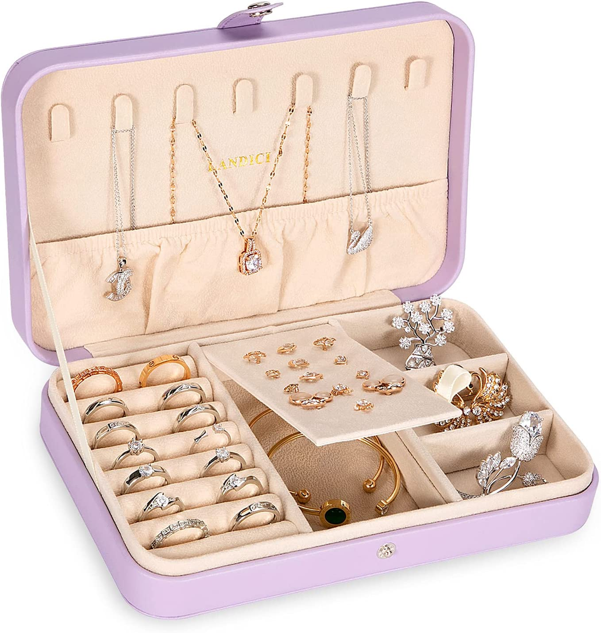 Small Jewelry Travel Case with Ring Holder, Earring Storage, Necklace Hooks & Removable Dividers, Lavender
