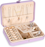 Small Jewelry Travel Case with Ring Holder, Earring Storage, Necklace Hooks & Removable Dividers, Lavender