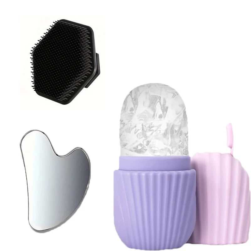 1/3-Piece Facial Cleansing Tool Set, Stainless Steel Heart-Shaped Scraping Tool, Ice Roller, Silicone Facial Brush