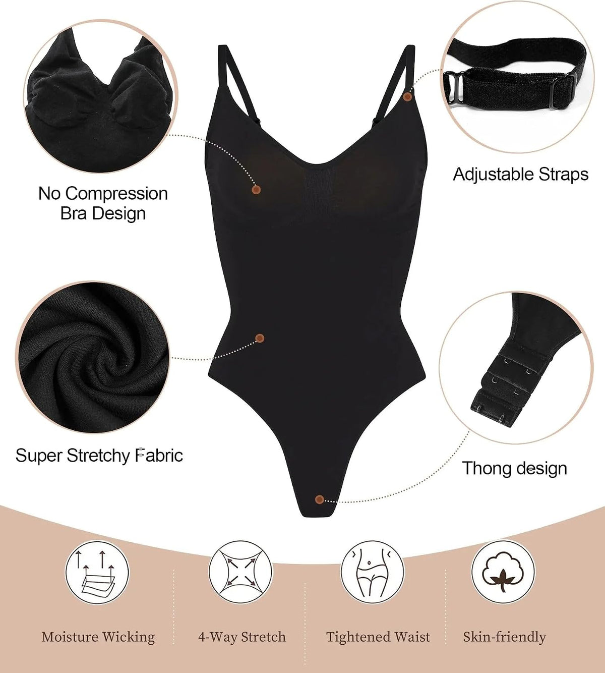 Women'S Tummy Control Shapewear Thong Bodysuit Seamless Waist Snatching Body Shaper